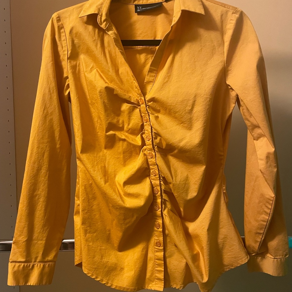 New York and Company button up rouched blouse. Golden yellow color.